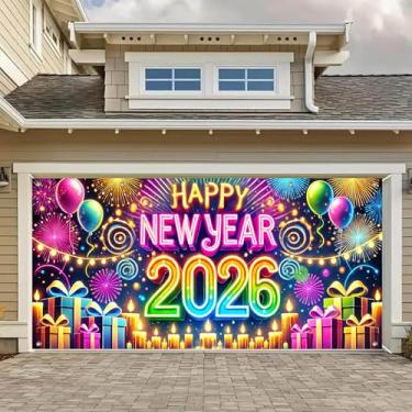 Imagem de HOMETITUTE 4 x 1,8 m Feliz Ano Novo 2026 Faixa de porta de garagem poliéster grande decoração externa com balões de fogos de artifício velas presentes para festas de fim de ano sazonais quintal casa