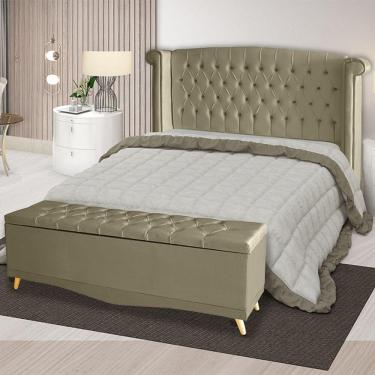 Imagem de Kit Cabeceira De Cama Box E Calçadeira Baú Malibu Queen 160 Cm Suede Bege Eli Móveis
