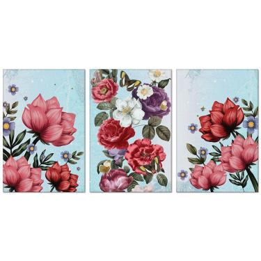 Imagem de Kit Placas Quadros Decorativos 3 Pçs Mdf 20X30 Floridas Titulo Rosas Sobre Azul