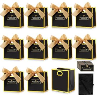 Imagem de Tenare Pacote com 12 mini sacos de presente de plástico transparente de 10 × 7 x 11 cm com alças extra pequena com laço de fita de papel de seda para artigos de festa de casamento (preto, dourado)