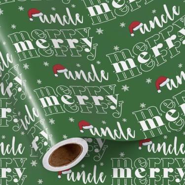 Imagem de RUSPEPA Rolo de papel de embrulho de Natal para tio, mini rolo, texto verde do tio feliz, design de chapéu de Papai Noel e floco de neve, papel de embrulho de presente festivo para homens, família, 43