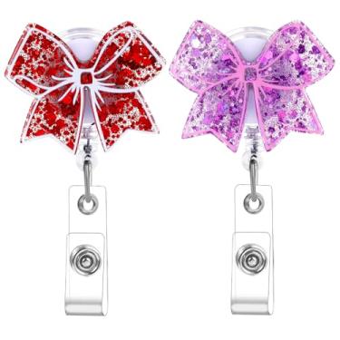 Imagem de Carretel de crachá de laço rosa para crachá de cartão de identificação, carretel de crachá de arco brilhante com cordão retrátil e clipe de jacaré giratório, suporte de crachá para enfermeiras