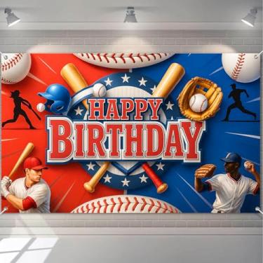 Imagem de HOMETITUTE Banner de feliz aniversário com tema de beisebol com tacos de beisebol, luvas e capacete em vermelho e azul, decoração de aniversário, faixa para meninos e homens, festival interno e