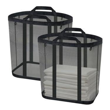 Imagem de Sekonow Cesto de roupa suja de malha, cesto de roupa suja suspenso para porta de parede com alças, bolsa de praia dobrável respirável, bolsa de viagem que economiza espaço (pacote com 2, preto)