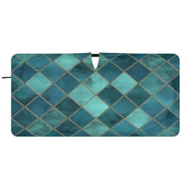 Imagem de Blueangle Para-brisa xadrez geométrico azul-petróleo aquarela - 149.9 cm x 76.2 cm dobrável carro janela frontal blocos guarda-sol raios UV viseira de sol (962)