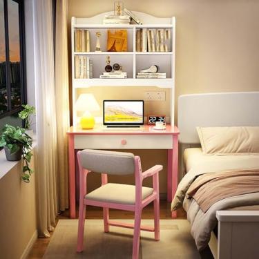Imagem de Yadlan Study Desk with Hutch and Drawer Kids, Small Desk with Drawer for School Children, Kids Room Writing Desk with 3 Layers Bookshelf, Kids Study Table Wood Pink 70cm