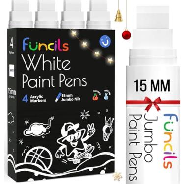 Imagem de Funcils 4 marcadores de tinta acrílica jumbo brancos – canetas de tinta acrílica gordas de 15 mm para tela, pintura rupestre, madeira, plástico, vidro – canetas permanentes grandes e grossas para