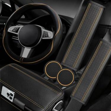 Imagem de NBTEPEM Conjunto de capas de volante de carro com 6 peças, capas de volante de couro de microfibra universais de 14,5 a 15 polegadas, capa de console central, almofada de cinto de segurança