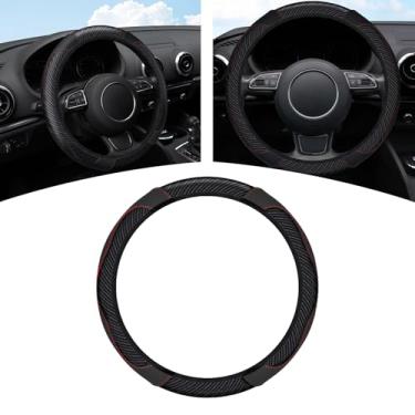 Imagem de AMZAUTO Capa de volante de carro de fibra de carbono, protetor de volante elástico de couro universal de 38 cm, acessórios internos automotivos antiderrapantes para a maioria dos modelos de carros