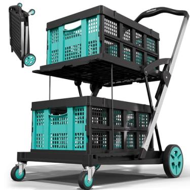 Imagem de Beyond Carrinho de compras dobrável sobre rodas, carrinho de compras com 2 caixas de armazenamento, carrinho utilitário multifuncional de 2 camadas para mercearia/armazém/escritório/supermercado