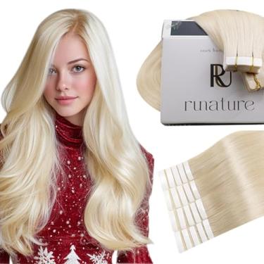 Imagem de RUNATURE Extensões De Cabelo Humano Com Fita Adesiva, Loiro, 16" Para Mulheres, Sem Costura, Branco Real, 20 Unidades, 50G