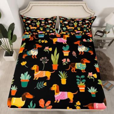 Imagem de Erosebridal Jogo de lençol Queen com elástico alto, estampa de dachshund e flores coloridas, 3 peças (1 lençol com elástico, 2 fronhas)