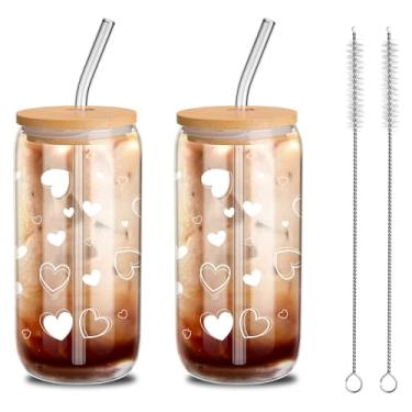 Imagem de Yetene Pacote com 2 xícaras de café gelado com corações de 473 ml, copos de vidro para Dia dos Namorados com tampas de bambu e canudos, copo de coração para mãe, esposa, mulheres, aniversário de
