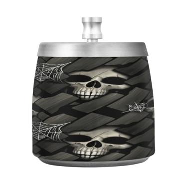 Imagem de Qilmy Cinzeiro de aço inoxidável de caveira de Halloween com tampa - Cinzeiro de cigarro à prova de vento sem cheiro sem fumaça para casa, escritório, carro, pátio, varanda (uso interno e externo)