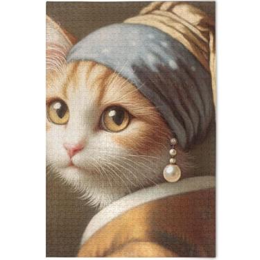 Imagem de Gato fofo com brinco de pérola personalizado para adultos 1000 peças para amantes de elefantes brancos, presentes paisagem, quebra-cabeça de cena, brinquedo artístico, 75 x 50 cm