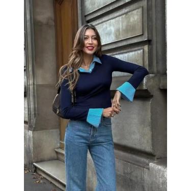 Imagem de Blusa feminina azul marinho e turquesa contrastante com gola elástica - blusa justa em camadas de manga comprida, Azul marino, Large