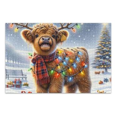 Imagem de Quebra-cabeça de 1000 peças para adultos divertido mordaça boba presente quebra-cabeça animal impressão de natal highland vaca luzes, 75 x 40 centímetros