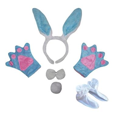 Imagem de Petitebella Tiara de coelho com orelhas de borboleta, luvas de cauda, 5 peças, fantasia 1-5 anos (branco/azul, tamanho único)