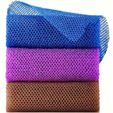 Imagem de Conjunto de 3 esponjas de banho de rede africana, esfoliante corporal de chuveiro e limpador de costas para uso diário (azul, roxo, marrom)