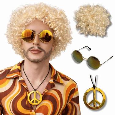 Imagem de Peruca Hippie Afro Retrô colar e óculos festa anos 50 60 70 Cor:Loiro 