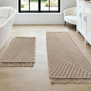 Imagem de H.VERSAILTEX Tapete de banheiro waffle super absorvente boho tapete de banho antiderrapante para banheiro lavável na máquina tapetes de banheiro secagem rápida com borlas (114 x 43 mais 43 x 61 cm