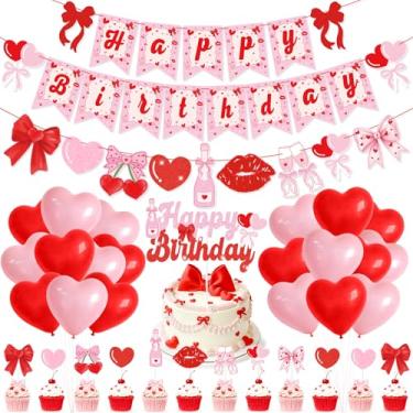 Imagem de K KUMEED Decoração de festa de Dia dos Namorados, tema de laço de cereja com glitter vermelho, faixa de feliz aniversário, artigos de festa dos namorados, topo de bolo, balões de látex para decorações