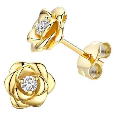 Imagem de Brincos de flor banhados a ouro 14 k delicado de zircônia cúbica para mulheres, leves, hipoalergênicos, pequenos, brincos lisos minimalistas, joias simples, presente para ela