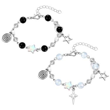 Imagem de Josojoou Pulseiras de prata Y2K, pulseira punk gótica com pingente de estrela, pulseira estética grunge legal combinando para casais, pulseira de amizade para mulheres e homens