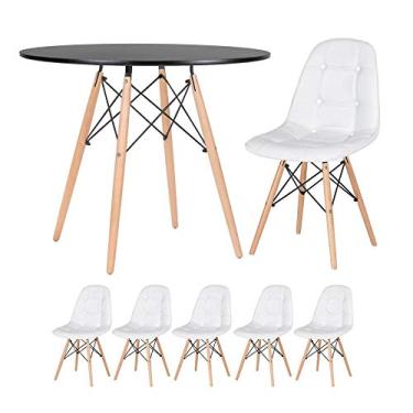 Imagem de Loft7 Home Decor, Kit Mesa Eames Eiffel 90 cm + 5 Cadeiras Estofadas Botonê - Branco