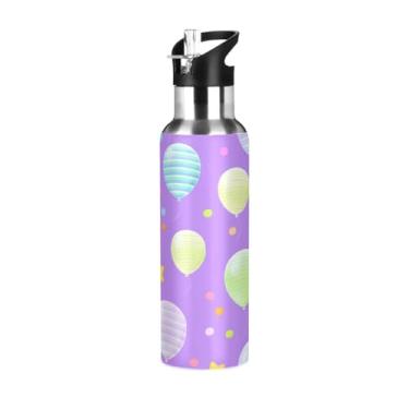 Imagem de Wassud Garrafa de água com balões listrados pastel de aço inoxidável garrafa de água esportiva com canudo garrafas de água isoladas copo portátil de viagem 947 ml