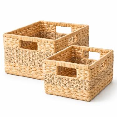 Imagem de VEMJO Cestas de vime de jacinto de água para organização, caixas de armazenamento tecidas à mão com alças embutidas, natural, pacote com 2 (35,5 x 24,4 cm)