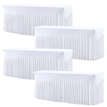 Imagem de Pacote com 4 capas de mesa brancas de elastano e saia de mesa para mesas retangulares de 1,8 m – Toalha de mesa de tecido elástico de 1,8 m com pregas, sem rugas para casamentos, festas, feiras de