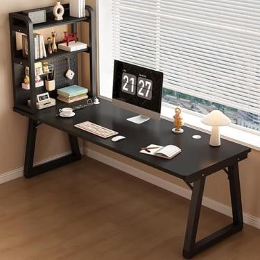 Imagem de Mesa de escritório em casa preta elegante com armazenamento de quadro, mesa de estudo de escrita resistente para sala de estar e quarto, design DIY, 140 x 60 x 74 cm, perfeita para espaços modernos