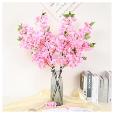Imagem de Riymusry 3 ramos artificiais de flor de cerejeira – hastes de flores de pêssego sintético de seda rosa com folhas, plantas falsas para vaso, casa, casamento, exterior, primavera, jardim, decoração