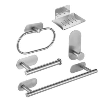 Imagem de Kit Banheiro Prata 5 Peças Aço Inox - Suporte Toalha e Porta Papel Higiênico SEM FURO com Adesivo 3M Forte - Conjunto Acessórios Banheiro Moderno