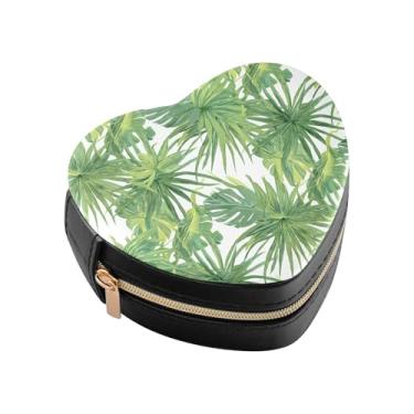 Imagem de Burbuja Caixa de joias em forma de coração com folhas tropicais, mini estojo de viagem para mulheres e meninas, organizador portátil de armazenamento para brincos, anéis, colares e pulseiras