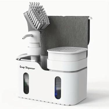 Imagem de Suporte de esponja para pia de cozinha, com dispensador de sabão para as mãos e detergente - Adequado para organização de bancada de cozinha (branco)