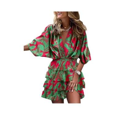 Imagem de Vestido Feminino Com Decote Em V, Manga Morcego, Cintura Elástica, Est