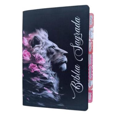 Imagem de Bíblia ARC Leão Visual rosas com abas adesivas rosa já coladas - Com h