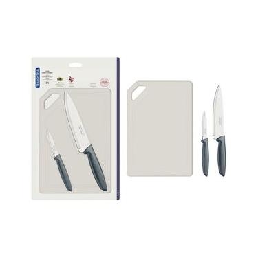 Imagem de Conjunto de Facas e Tábua de Corte Tramontina Plenus em Aço Inoxidável - Cinza - 3 Peças