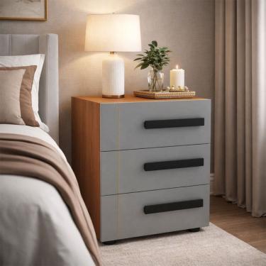 Imagem de Mesa de Cabeceira Lisboa 3 Gavetas Cinza/Freijó - Politorno