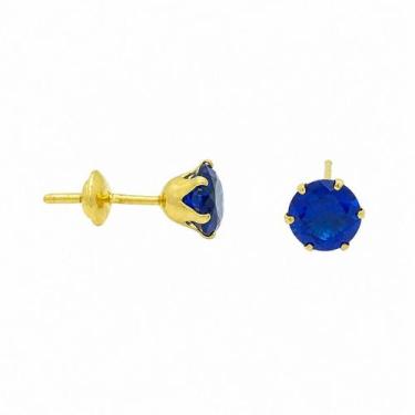 Imagem de Brinco em Ouro 18K com Zircônia Redonda Azul Escuro - Joia Elegante - 