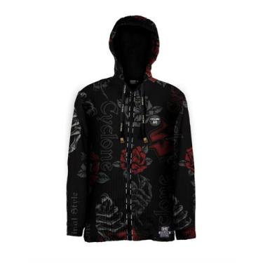 Imagem de Jaqueta Cyclone Veludo Skull Roses, Preto, Vermelho, M