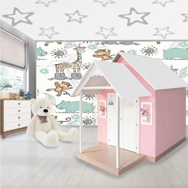 Imagem de Casinha de Brinquedo Infantil em MDF L12 com Telhado Branco Rosa para Área Interna Criança Feliz