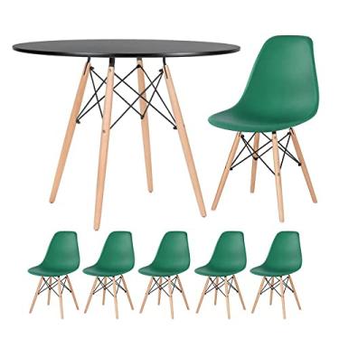 Imagem de Loft7, Kit - Mesa redonda Eames 100 cm preto + 5 cadeiras Eiffel Dsw Verde escuro