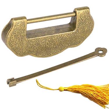 Imagem de HEEPDD – Cadeado de amor vintage chinês entalhado, liga de zinco antigo, cadeado estilo retrô, cadeado com fechadura de armário com borla (preto)