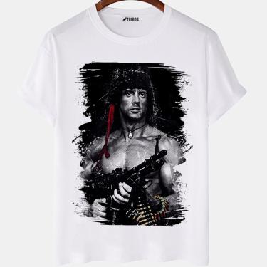 Imagem de Camiseta masculina Rambo Silvester Sttalone Arte Filme Camisa Blusa Branca Estampada
