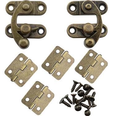 Imagem de DGBRSM 2 conjuntos de ferrolho antigo direito e esquerdo e 4 peças de mini dobradiças de caixa pequena com parafusos de substituição, bronze