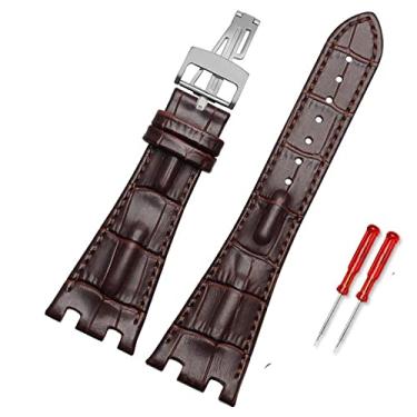 Imagem de FULNES Pulseira de relógio de couro masculina adequada para AP Abbey Royal Oak AP15710 15703 corrente de relógio entalhada de couro 28mm (cor: A-marrom branco, tamanho: fivela de ouro rosa)