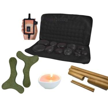 Imagem de Kit Para Massagem E Modelamento Corporal Pedras Quentes Pantalas Bambu